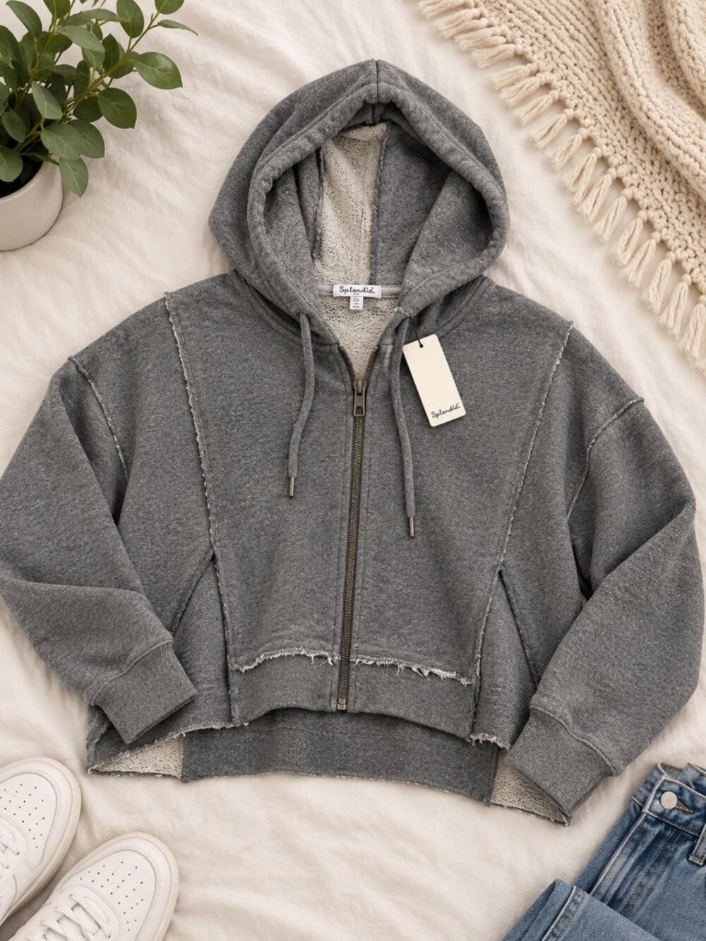 Splendid Zip Up Hoodie Jacket S Heather Gray Cropped Raw Edge NWT 128